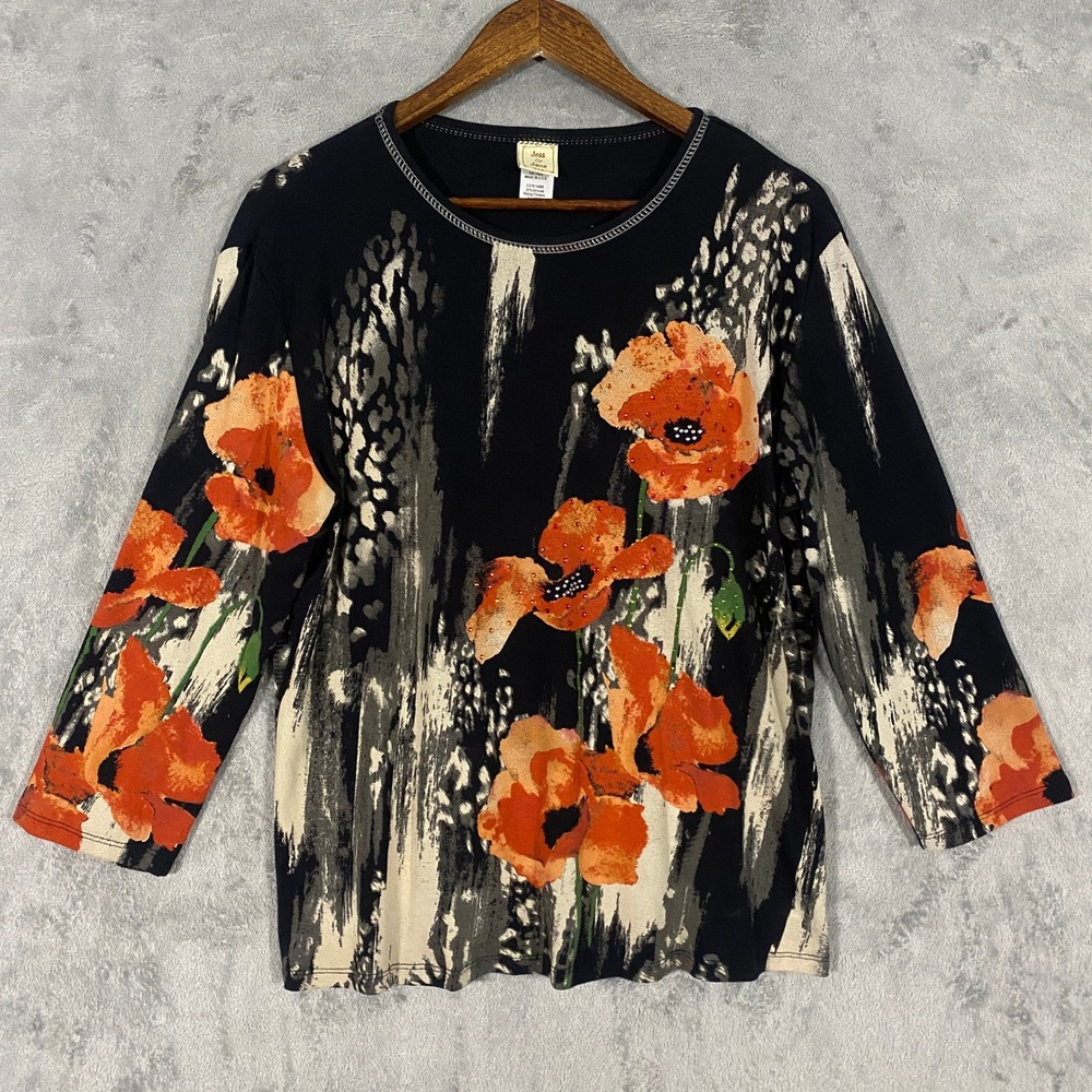 Jess & Jane Top Sz XL Black Rising Flowers 3/4 Sleeve Rhinestone Artsy Fall Boho